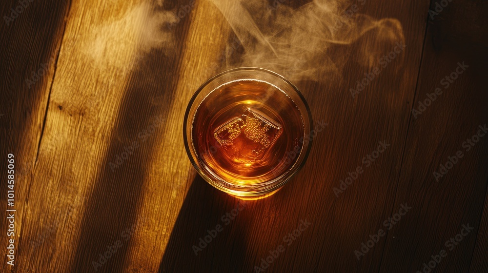 A steaming glass of hot tea, viewed from above, sitting on a dark wooden table, surrounded by warm tones, no people A steaming glass of hot tea, viewed from above, sitting on a dark wooden table, surrounded by warm tones, no people