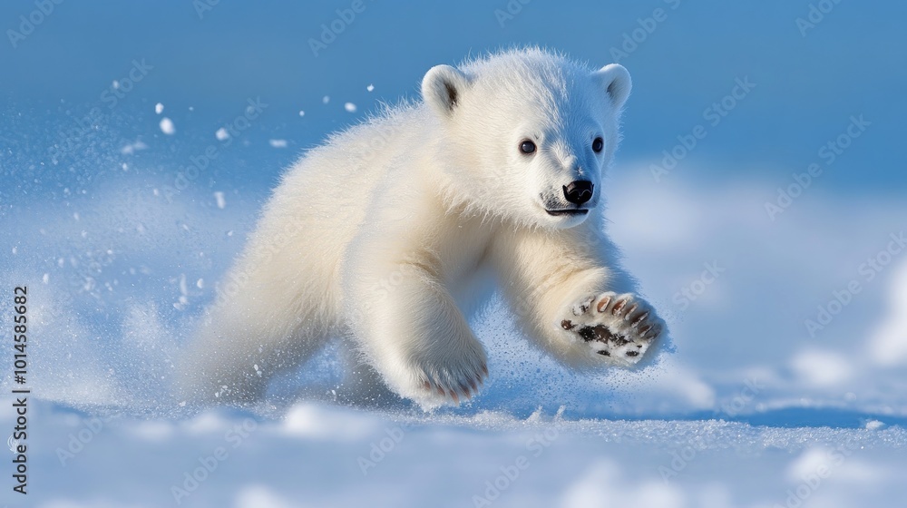 A close-up shot of a polar bear cub playing in the snow, with its fluffy white fur contrasting beautifully against the icy blue background of its Arctic home A close-up shot of a polar bear cub playing in the snow, with its fluffy white fur contrasting beautifully against the icy blue background of its Arctic home