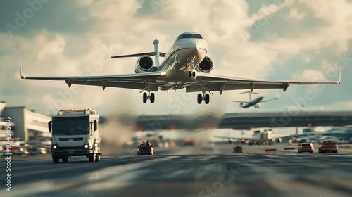 A close-up view of a jet landing on an airport runway, showcasing aviation dynamics and airport activity.