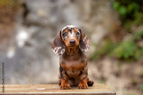 Obraz na płótnie Cute marble miniature dachshund outdoor portrait on green nature background