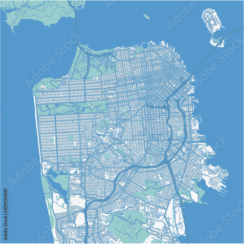Map of San Francisco in California in a professional blue style. Contains layered vector with roads water, parks, etc.