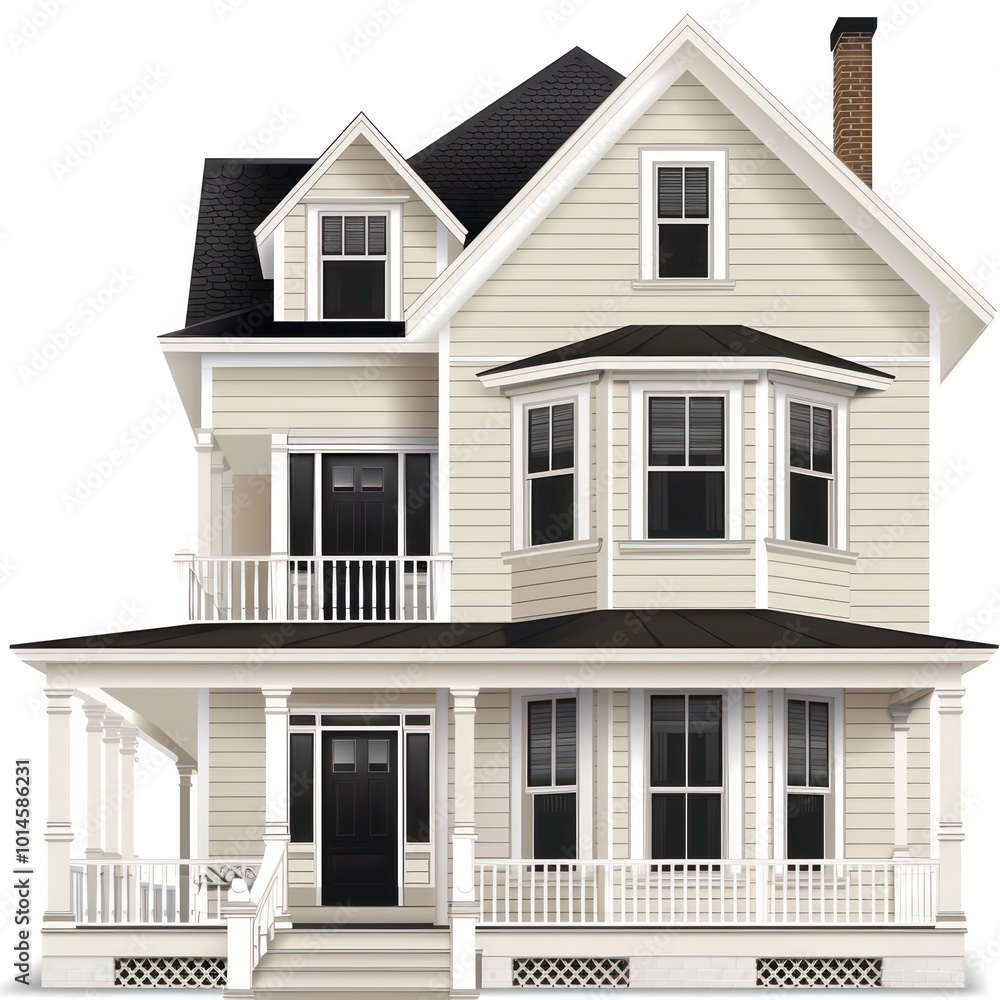 A detailed illustration of a classic two-story house with a porch and multiple windows. A detailed illustration of a classic two-story house with a porch and multiple windows.