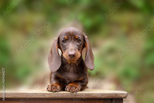 Chocolate cute puppy with long ears outdoor portrait photo