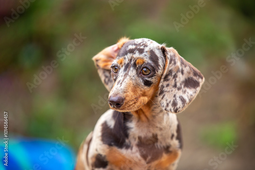 Brown marble miniature dachshund puppy close up outdoor portrait photo