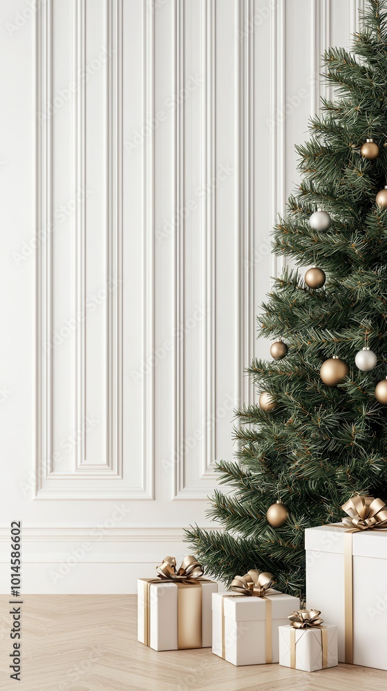 Christmas tree with ornaments and wrapped gifts in a festive room Christmas tree with ornaments and wrapped gifts in a festive room