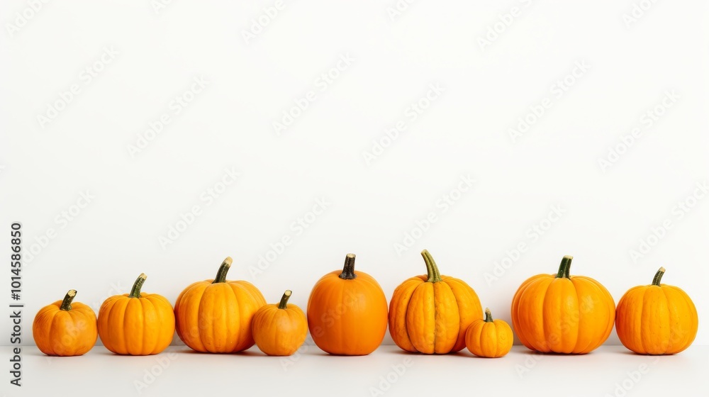 Pumpkins are arranged in a pattern against a clean white background that highlights their vibrant colors. Pumpkins are arranged in a pattern against a clean white background that highlights their vibrant colors.