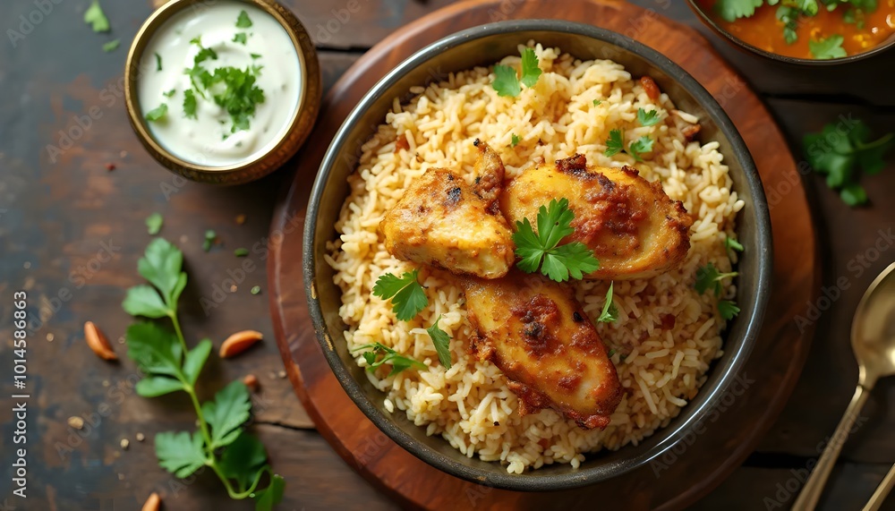 Chicken Yakhni Pulao Served with Yogurt and Spices (Pakistani Cuisine) Chicken Yakhni Pulao Served with Yogurt and Spices (Pakistani Cuisine)