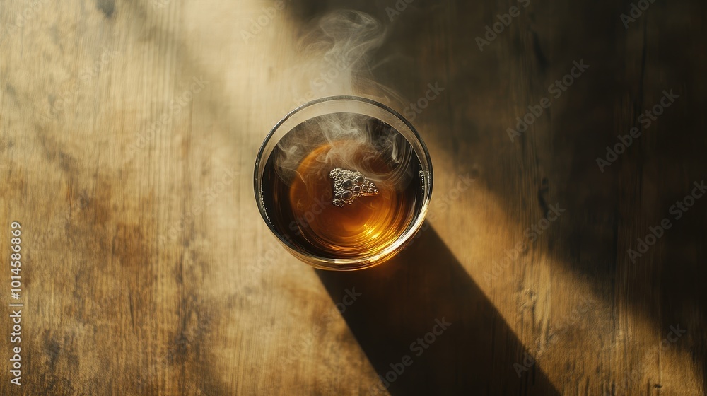 Top view of a glass of hot tea with delicate smoke rising gracefully from the cup on a clean wooden table, minimalistic design, no people Top view of a glass of hot tea with delicate smoke rising gracefully from the cup on a clean wooden table, minimalistic design, no people