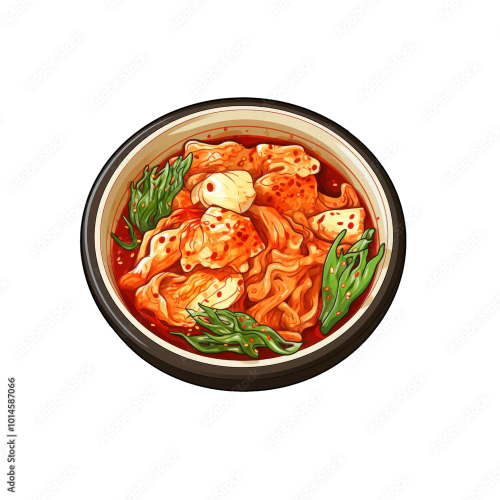 Spicy kimchi, green herbs, garlic, and sesame seeds are on the plate. Ideal for Asian cuisine recipes, cooking blogs, and culinary presentations. Generative AI Spicy kimchi, green herbs, garlic, and sesame seeds are on the plate. Ideal for Asian cuisine recipes, cooking blogs, and culinary presentations. Generative AI