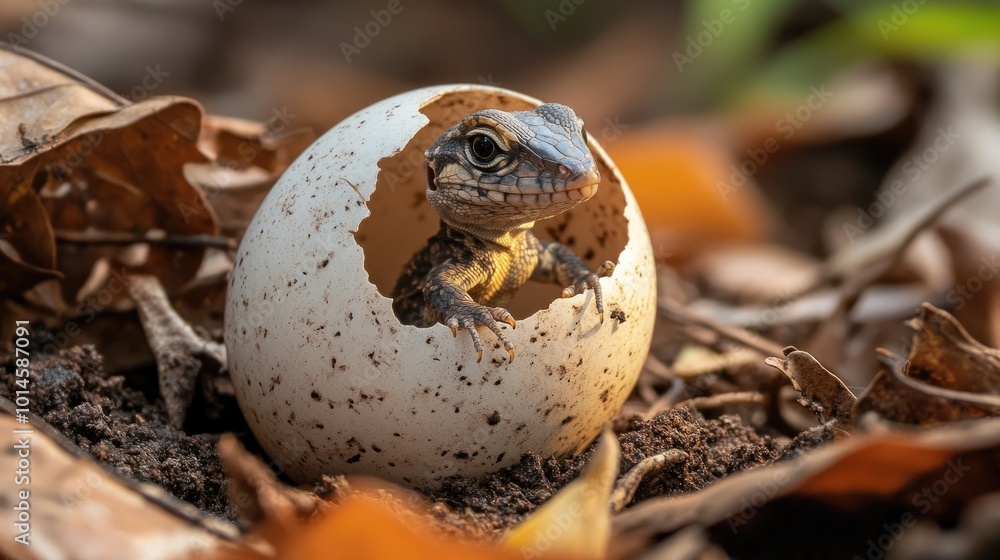 A detailed shot of a baby lizard emerging from an egg, capturing the fragile moment of life beginning in a natural setting, surrounded by leaves and soil