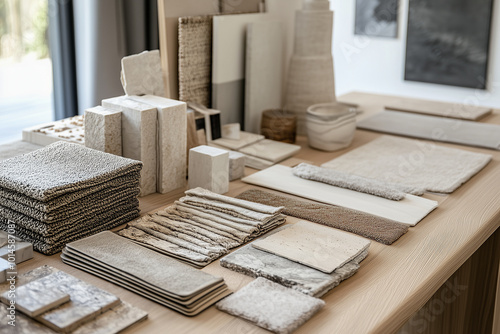 A curated interior design moodboard featuring textures, colors, and material samples.