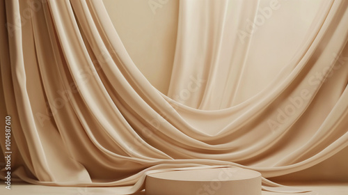 A beige background with soft, draped silk fabric and gold plates in the foreground, creating an elegant and luxurious atmosphere for product display.