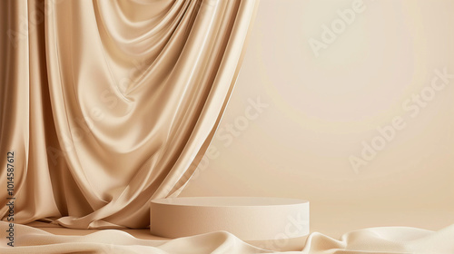 A beige background with soft, draped silk fabric and gold plates in the foreground, creating an elegant and luxurious atmosphere for product display.