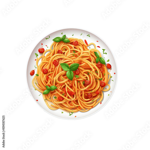 Spaghetti with tomato sauce and Peterseli leaves on a plate. Perfect for food blogs, restaurant menus, Italian cuisine websites, and recipe books. Generative AI photo