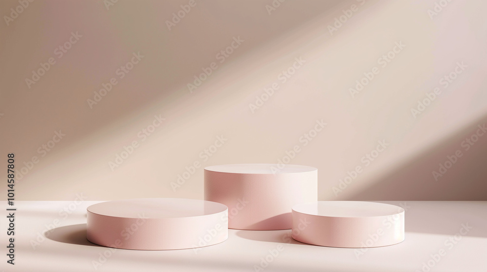 A minimalistic background with an array of small, round podiums in shades of pink and brown, arranged to create the illusion that they float above a soft peach-colored surface. A minimalistic background with an array of small, round podiums in shades of pink and brown, arranged to create the illusion that they float above a soft peach-colored surface.