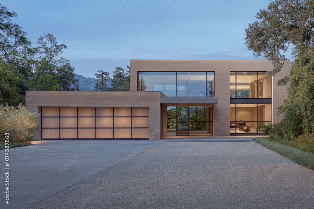 Modern architectural design of a spacious home in a serene natural setting during twilight Modern architectural design of a spacious home in a serene natural setting during twilight