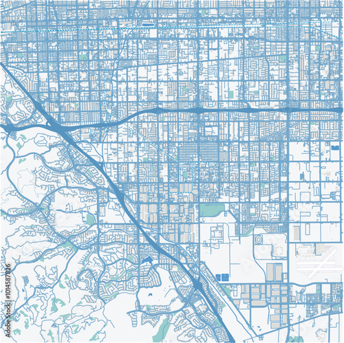 Map of Chino in California in a professional blue style. Contains layered vector with roads water, parks, etc.