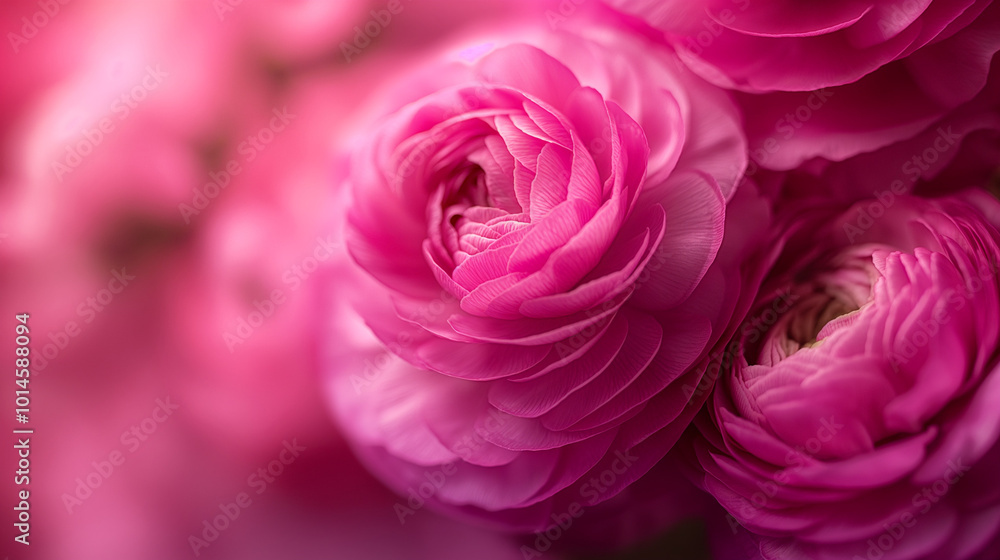 Close-up of the petals and center, focusing on rich pink hues of ranunculus. The background is blurred to highlight details. A soft focus effect adds depth while maintaining elegance Close-up of the petals and center, focusing on rich pink hues of ranunculus. The background is blurred to highlight details. A soft focus effect adds depth while maintaining elegance