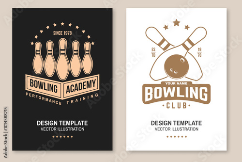 Bowling sports club poster. Vintage design with bowling pins, ball, athlete bowling shoot pins silhouette. Vector.