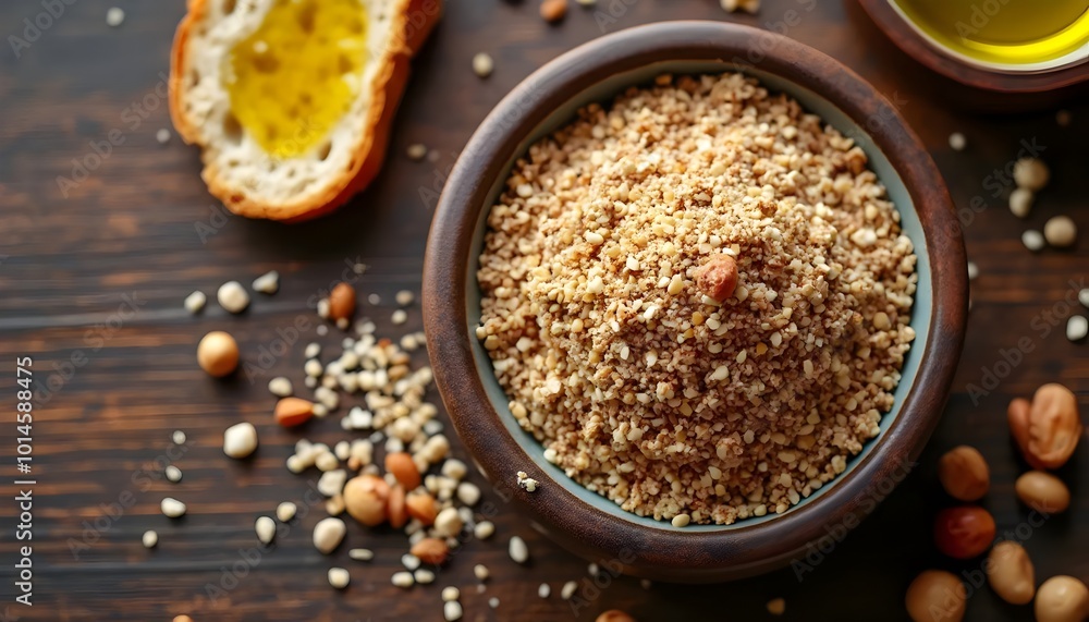 Traditional Dukkah spice and nut blend in a bowl with bread and olive oil (Egyptian Cuisine) Traditional Dukkah spice and nut blend in a bowl with bread and olive oil (Egyptian Cuisine)