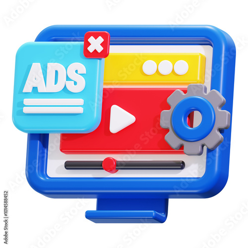 3d Web Ads icon. Digital interface with play button and settings
