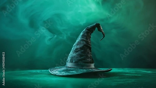 Mystic Witch Hat in Emerald Smoke: A black witch's hat sits on a dark surface, enveloped by swirling teal smoke, creating an eerie and atmospheric Halloween scene.  Perfect for spooky season themes.