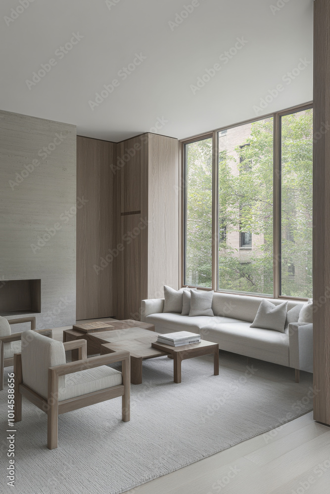 Modern living room with large windows offering a view of greenery in a minimalist design Modern living room with large windows offering a view of greenery in a minimalist design