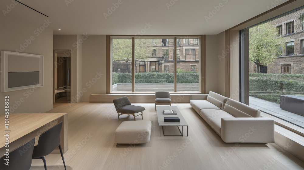 Modern living room with large windows and minimalist decor in an urban residential space Modern living room with large windows and minimalist decor in an urban residential space