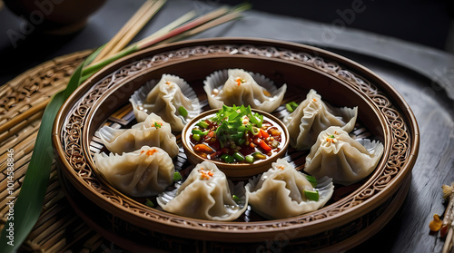 Overhead Shot Of Dim Sum Steaming Hot Dumplings With Dipping Sauce And Chives In Bamboo Steamer