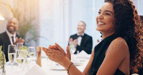 Fotografie Applause, happy and woman at party with champagne for celebration, social event and gathering