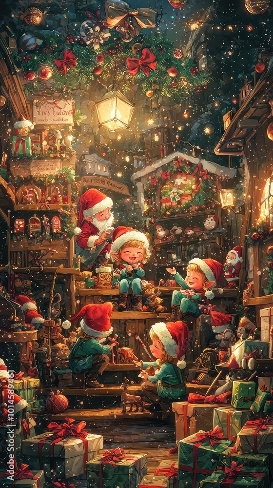 A festive scene with joyful elves preparing toys in a cozy workshop, adorned with Christmas decorations and gifts in a snowy atmosphere. A festive scene with joyful elves preparing toys in a cozy workshop, adorned with Christmas decorations and gifts in a snowy atmosphere.