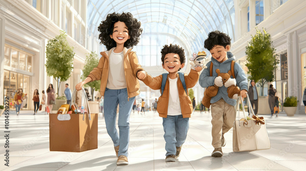Fototapeta premium A joyful family scene at a bustling shopping mall, with the mother and two kids holding hands, laughing and smiling, carrying bags filled with purchases, capturing a carefree family outing.