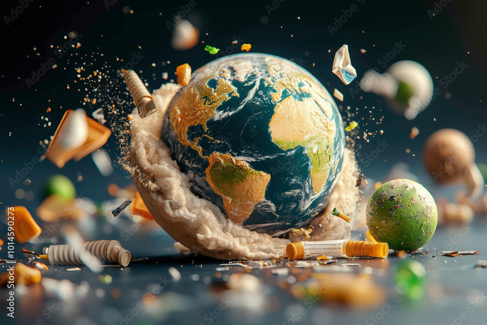 A dramatic visual of Planet Earth surrounded by swirling plastic debris, symbolizing environmental degradation, pollution, and the urgent need for action to restore balance and sustainability. A dramatic visual of Planet Earth surrounded by swirling plastic debris, symbolizing environmental degradation, pollution, and the urgent need for action to restore balance and sustainability.