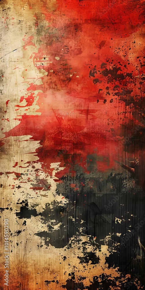 Vibrant abstract grunge texture featuring bold red and black paint strokes on a weathered, textured surface. Vibrant abstract grunge texture featuring bold red and black paint strokes on a weathered, textured surface.