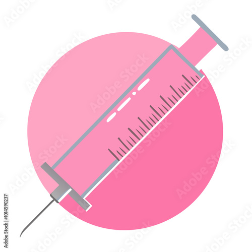 Medical syringe with pink liquid on pink circle background