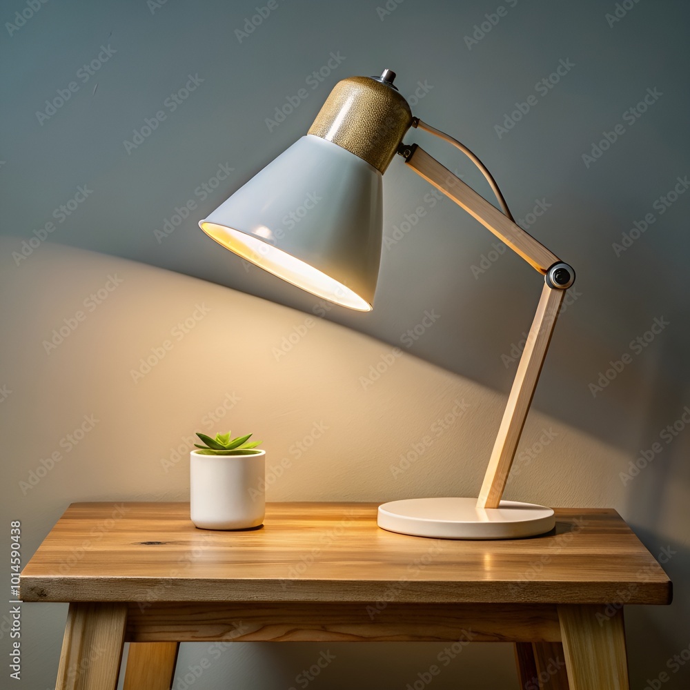 A desk lamp illuminating a workspace, accompanied by a small green plant, adding a touch of nature to the setting. A desk lamp illuminating a workspace, accompanied by a small green plant, adding a touch of nature to the setting.