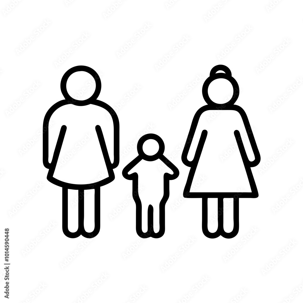 Outline icon of family with two mothers and child on white background Outline icon of family with two mothers and child on white background