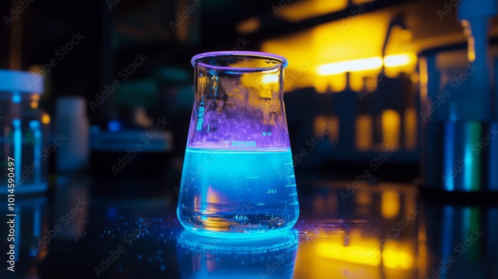 A laboratory beaker filled with a glowing blue liquid sits on a reflective surface A laboratory beaker filled with a glowing blue liquid sits on a reflective surface