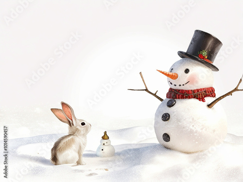 A soft white background with a tiny rabbit decorating a snowman in the upper left corner. photo