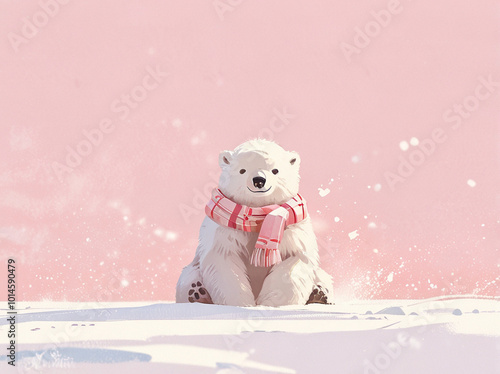 A soft pink background with a small polar bear wearing a scarf and playing in the snow in the lower left corner photo