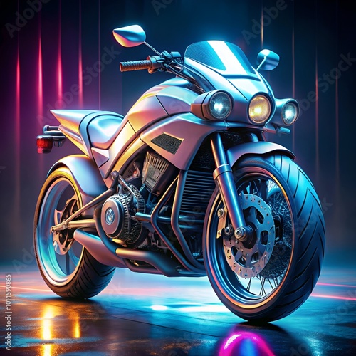 A sleek, futuristic motorcycle is displayed in a dimly lit room, highlighting its modern design and advanced features. photo