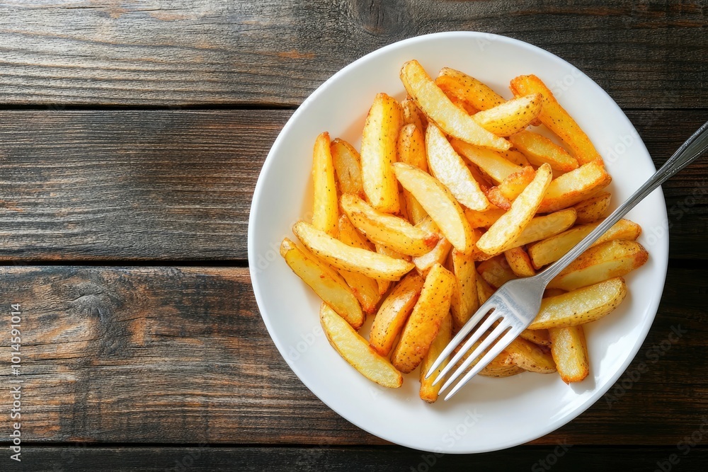 Pieces of fried potato in white plate and fork on wooden table - generative ai Pieces of fried potato in white plate and fork on wooden table - generative ai