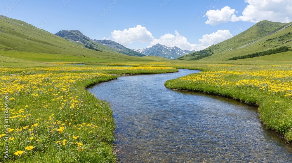 Naklejka premium Scenic view of a winding river flowing through a vibrant field of yellow flowers under a clear blue sky.