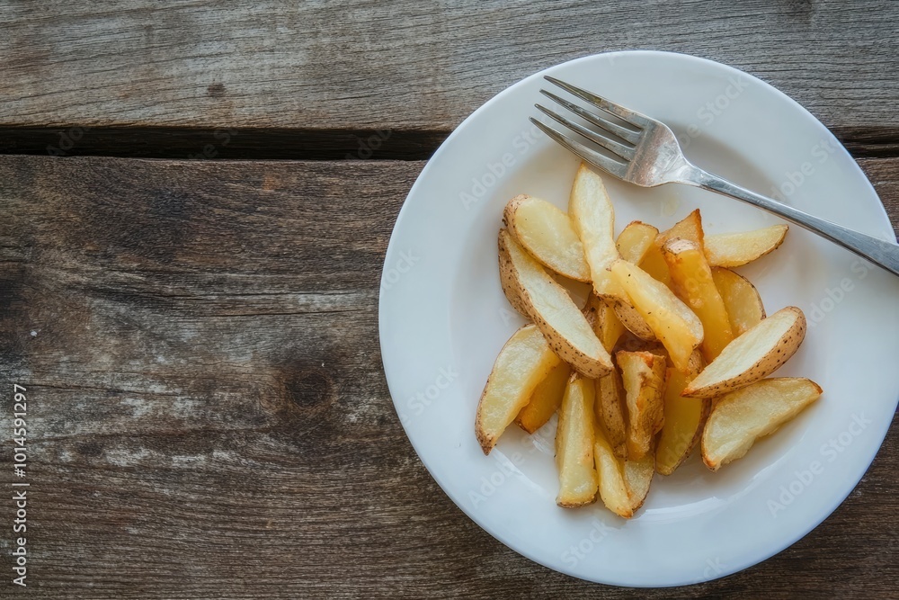Pieces of fried potato in white plate and fork on wooden table - generative ai Pieces of fried potato in white plate and fork on wooden table - generative ai