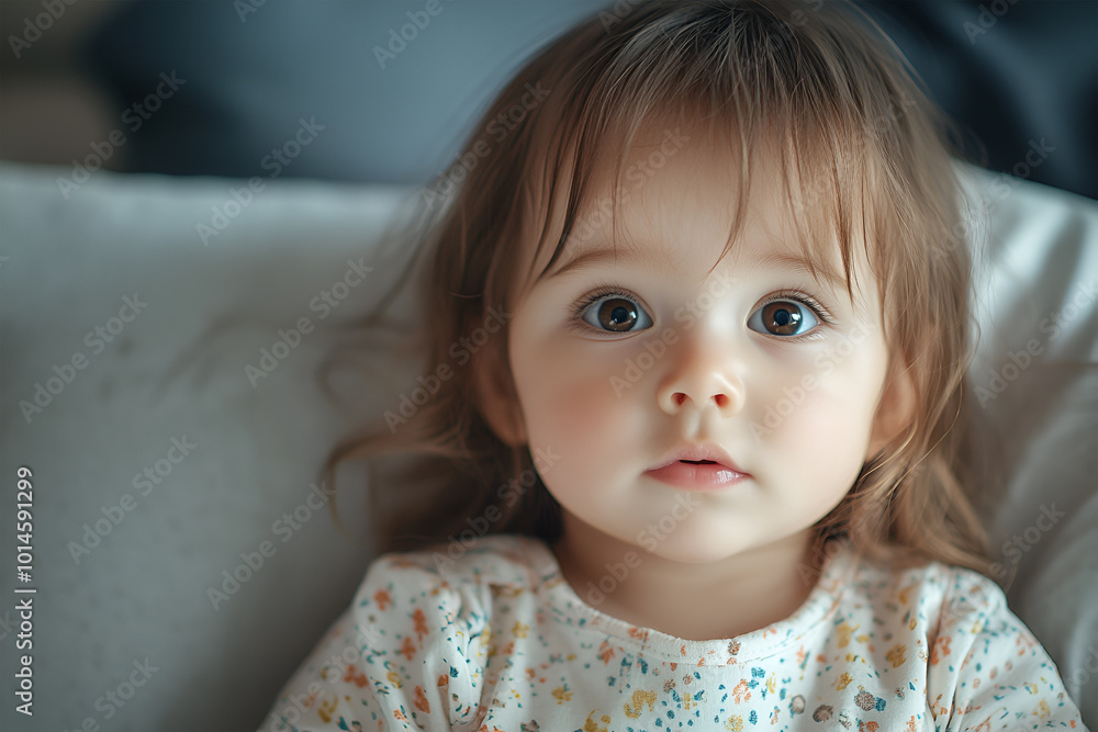 Cute adorable caucasian blond little girl lying in bed on white pillow Cute adorable caucasian blond little girl lying in bed on white pillow