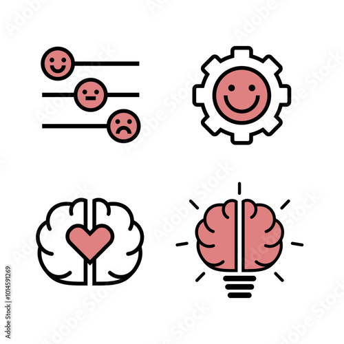 Set of icons for emotional intellect, emotions, mental health area of use. Linear and filled mini illustrations.