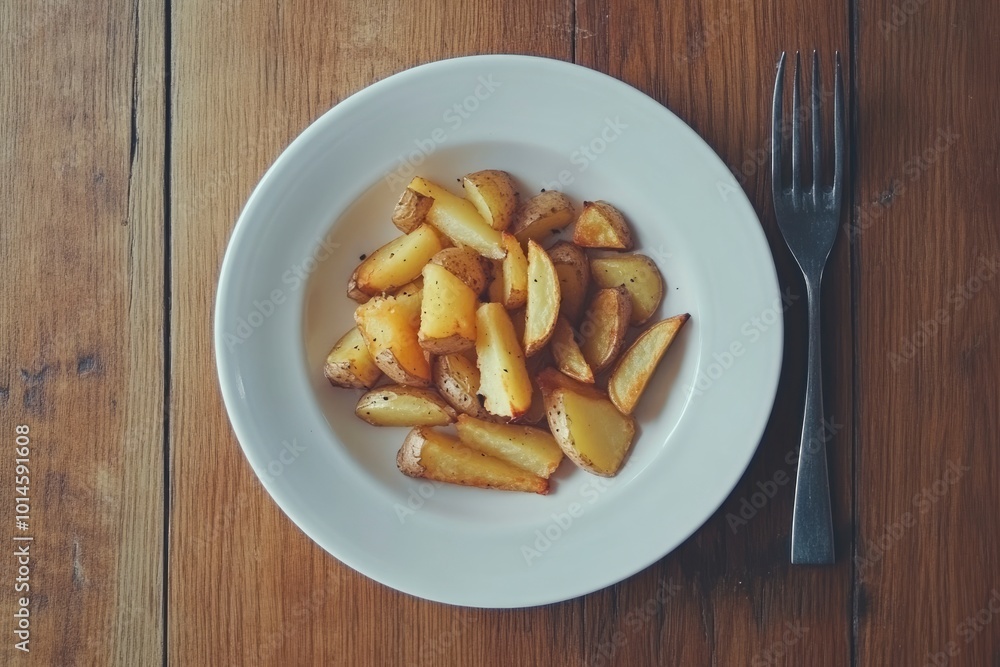 Pieces of fried potato in white plate and fork on wooden table - generative ai Pieces of fried potato in white plate and fork on wooden table - generative ai