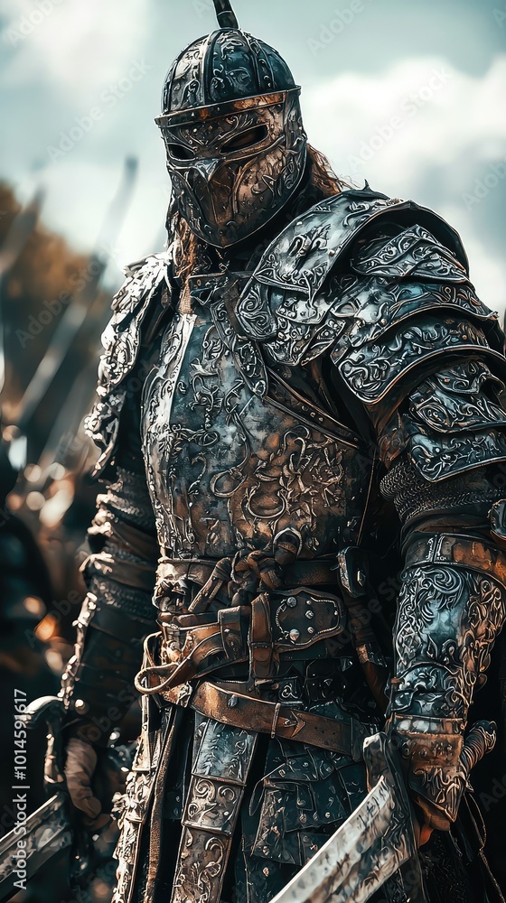 Obraz premium A medieval knight in intricate armor, showcasing strength and bravery against a dramatic backdrop of battle.