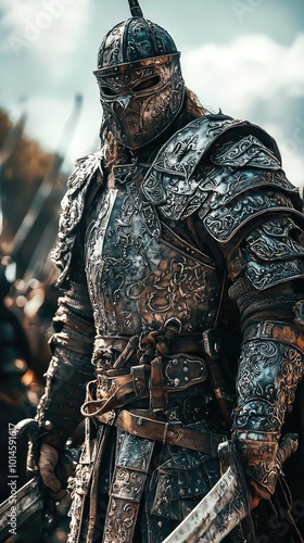 A medieval knight in intricate armor, showcasing strength and bravery against a dramatic backdrop of battle. photo