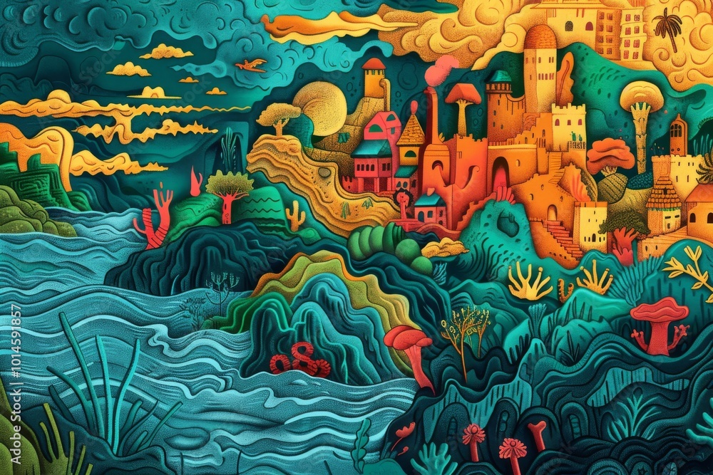Obraz premium Intricately hand-drawn realistic cartoon background.